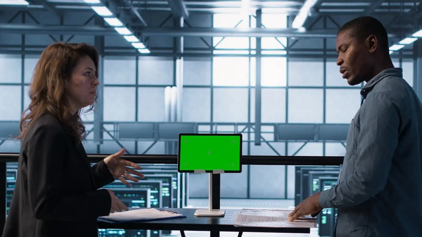 Equipo del centro de datos usando una tableta de maqueta con pantalla verde y revisando documentación.